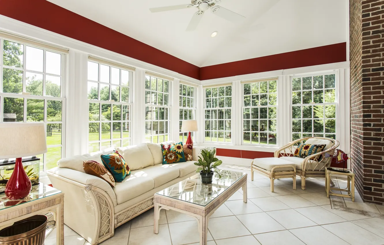 Photo wallpaper design, style, sofa, Windows, veranda, decor