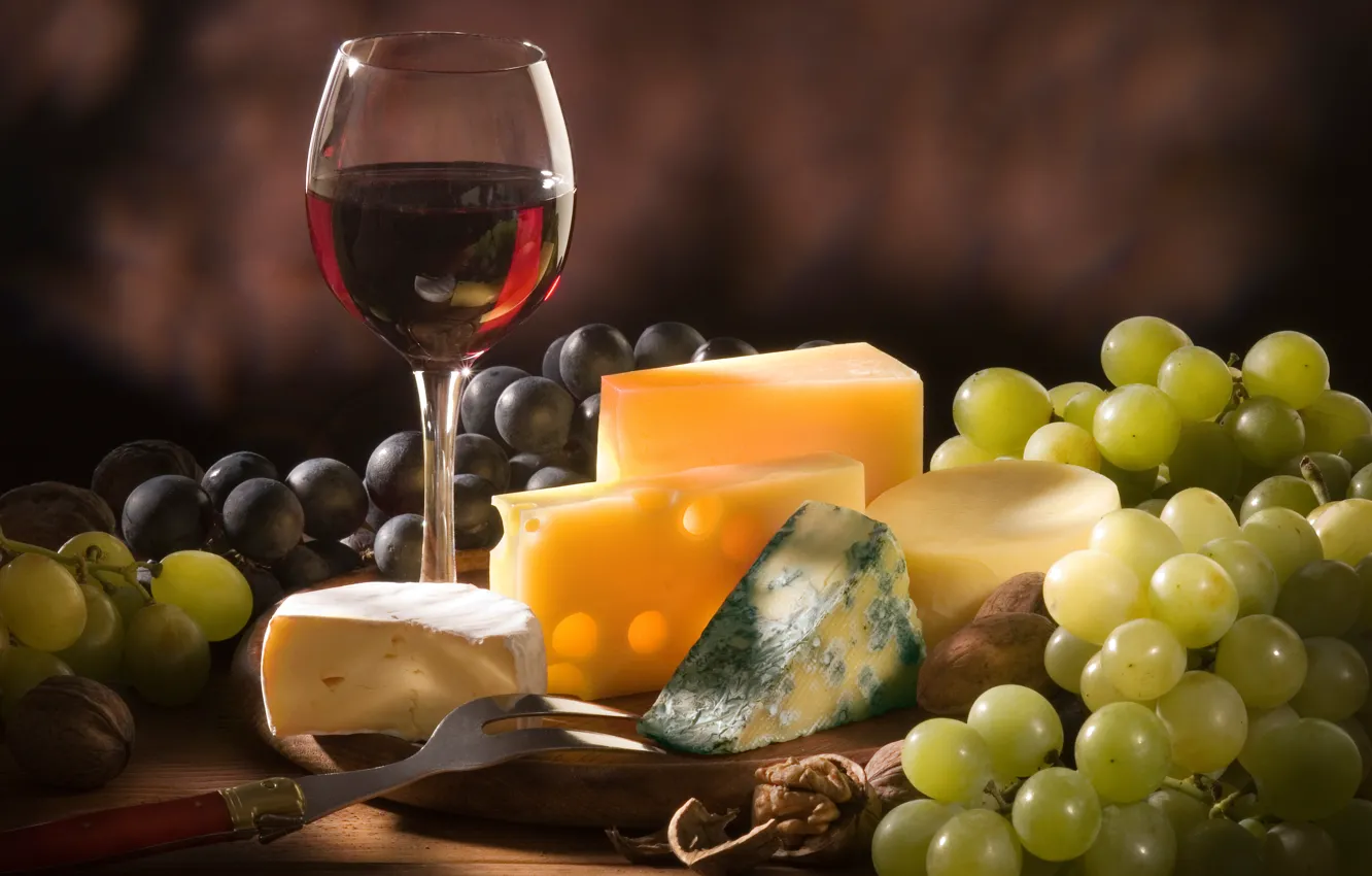 Photo wallpaper red, wine, cheese, grapes, nuts, different, varieties