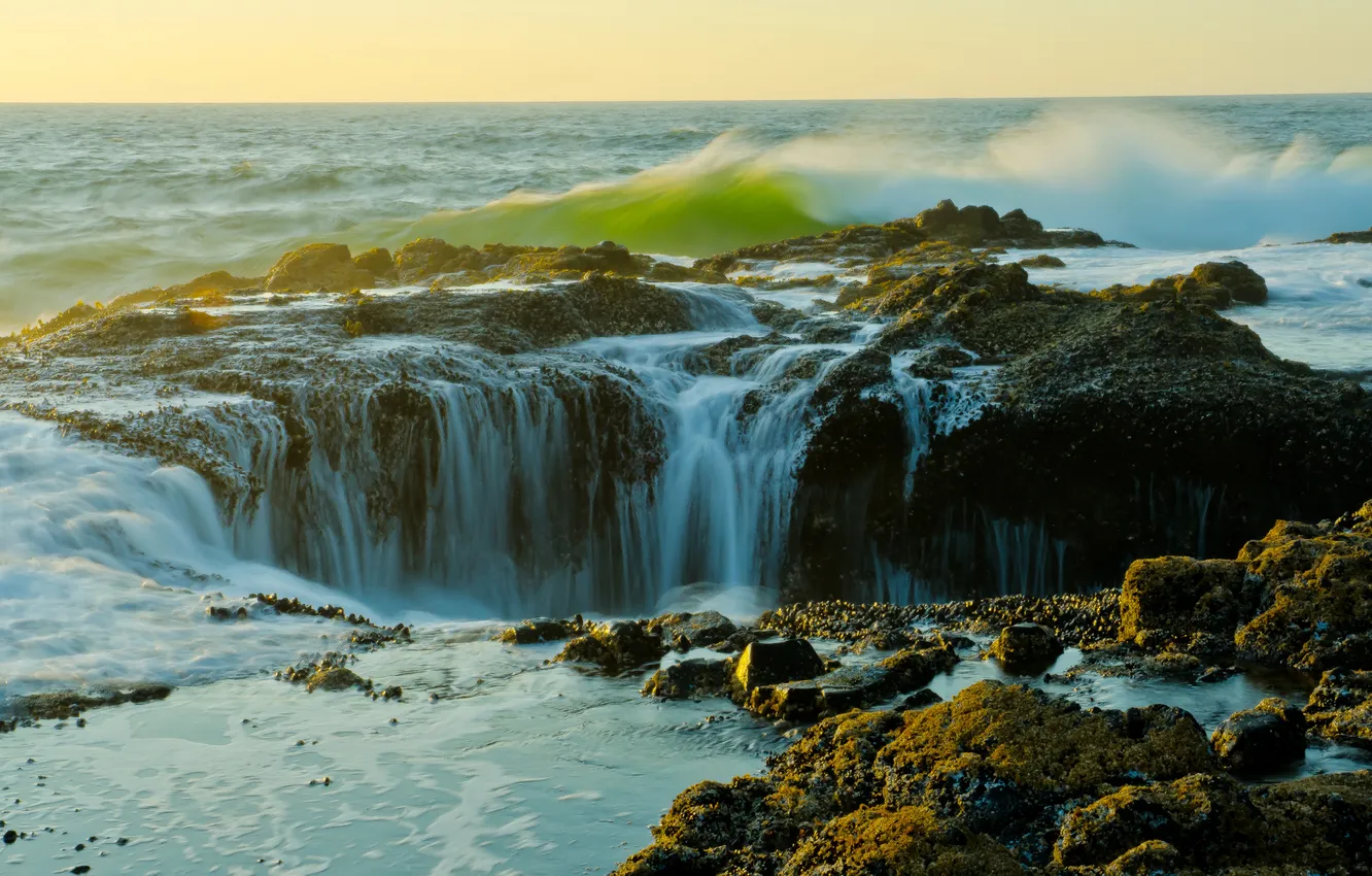 Photo wallpaper sea, wave, stones, shore, waterfall, The Well of the Torah