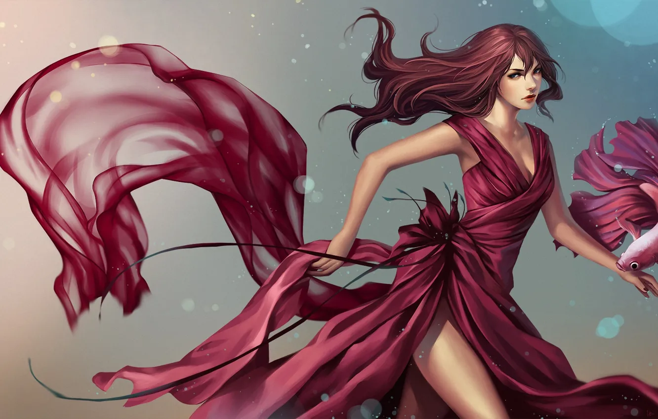 Photo wallpaper girl, fish, fish, dress, art, pink, cock