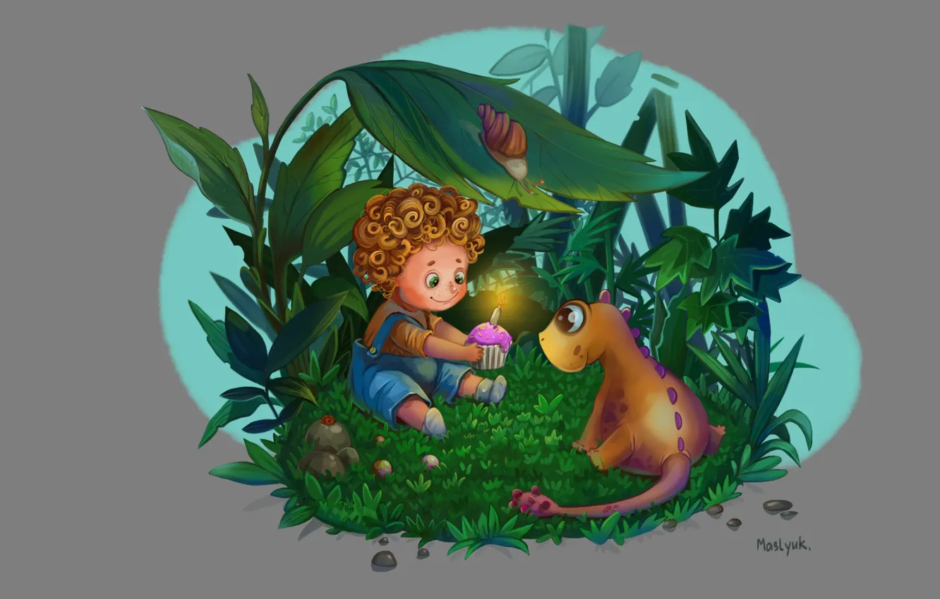 Photo wallpaper birthday, snail, baby, fantasy, art, dragon, illustration, congratulations