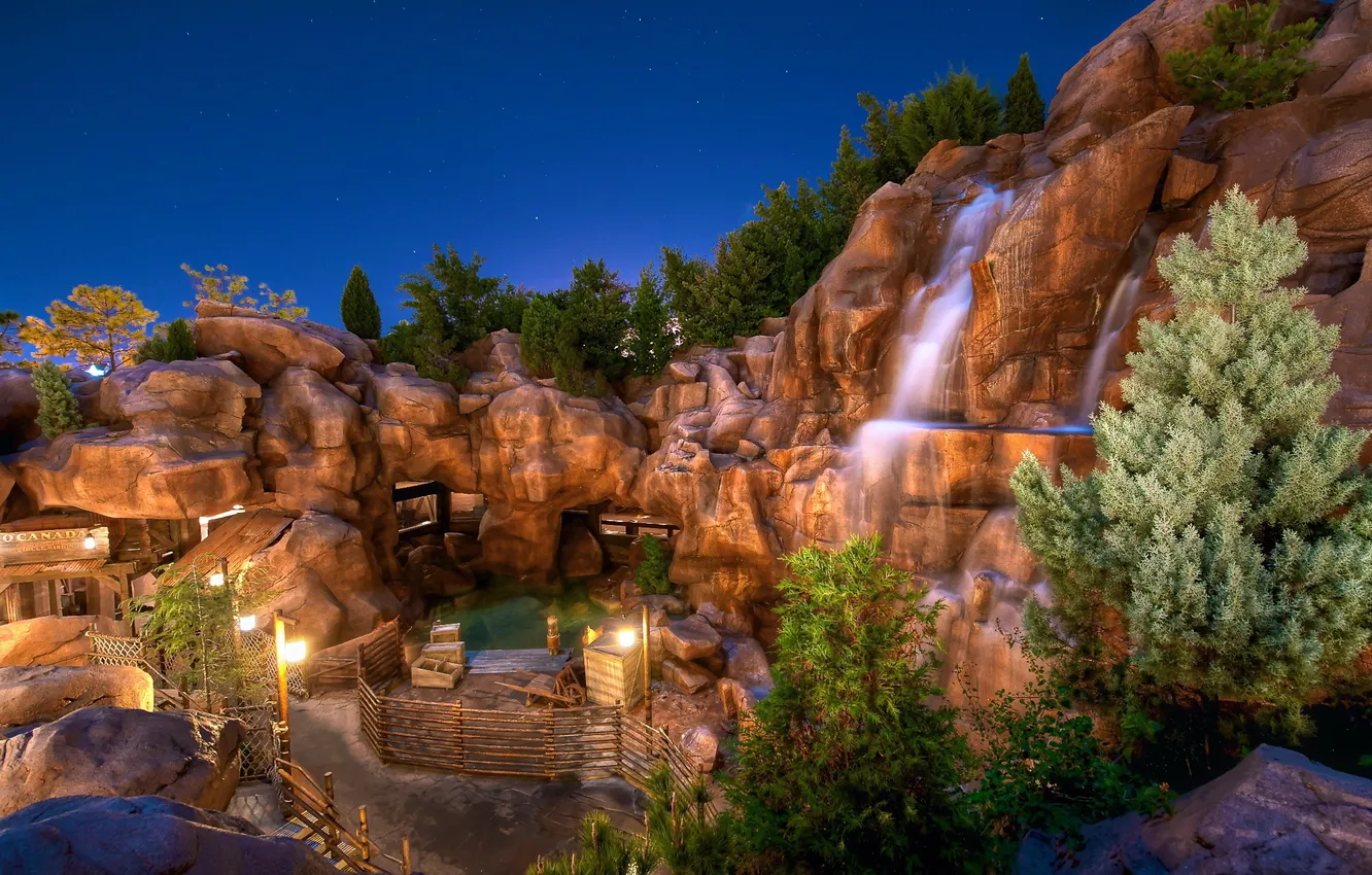 Photo wallpaper night, stones, waterfall, lights, California, Disneyland