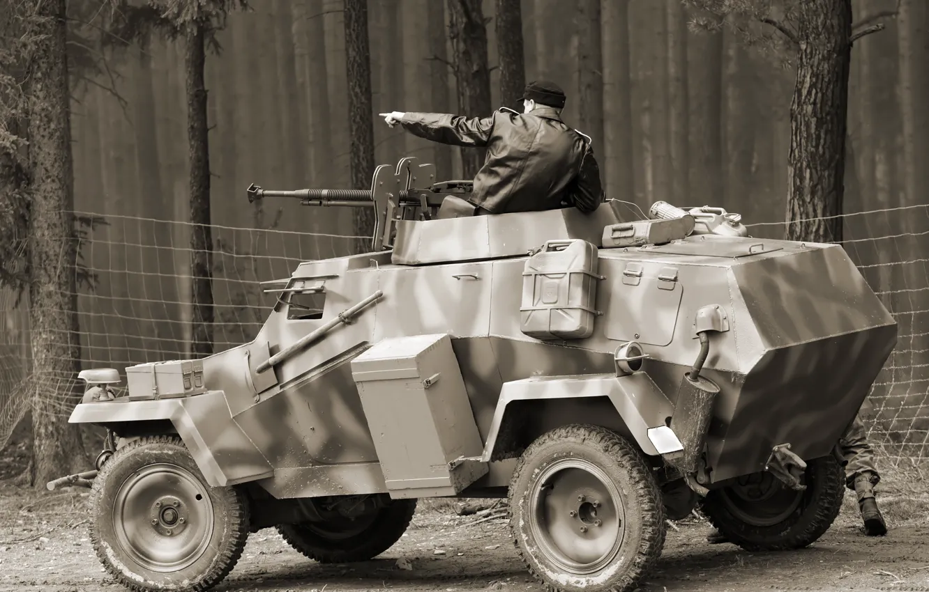 Photo wallpaper forest, trees, photo, black and white, soldiers, machine gun, armored car