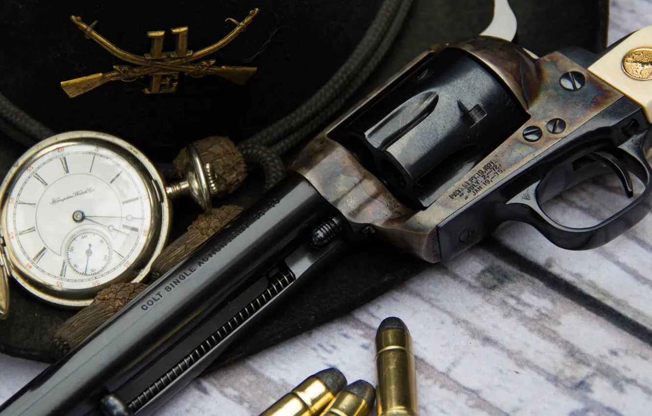 Photo wallpaper weapons, watch, hat, trunk, cartridges, revolver, Colt, Action Army