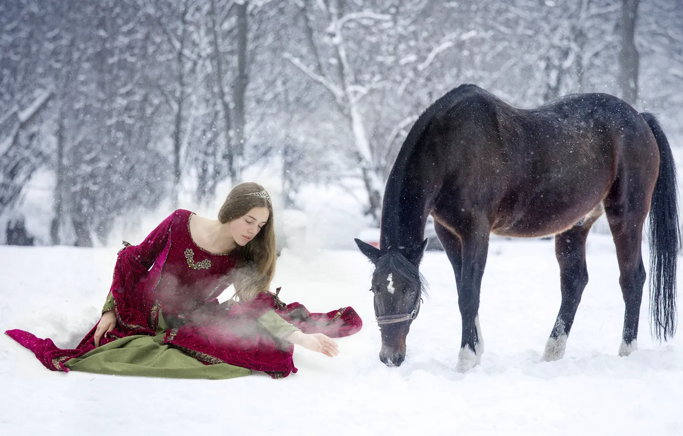 Photo wallpaper winter, girl, snow, horse, dress