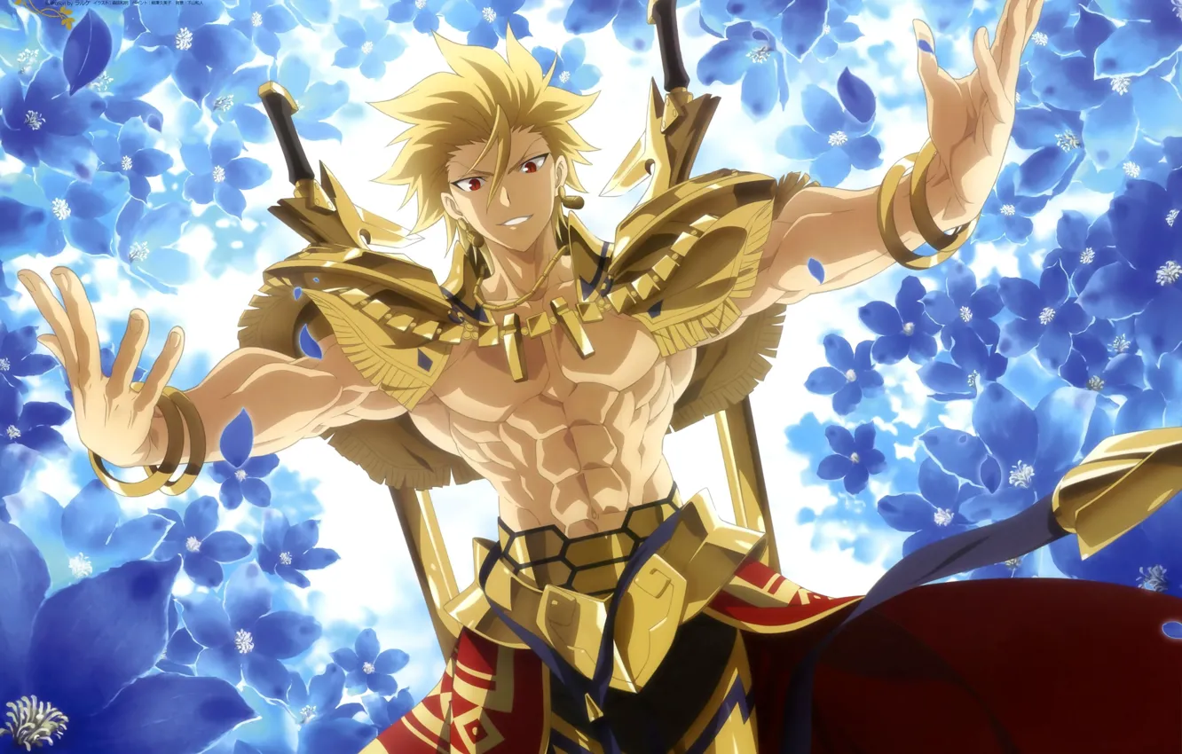 Photo wallpaper gold, Fate Stay Night, armor, anime, Gilgamesh, warrior, manga, powerful