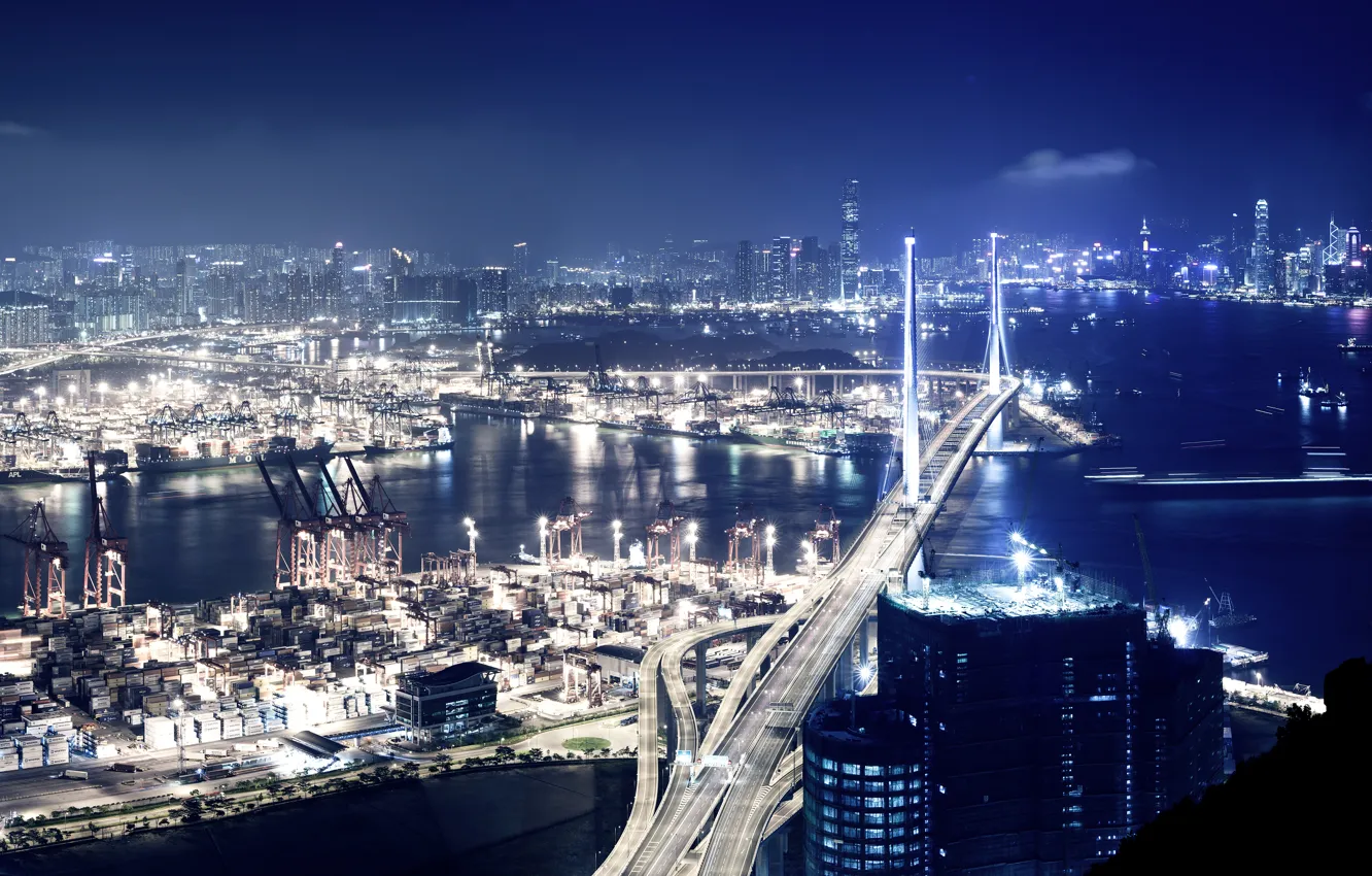 Photo wallpaper night, bridge, the city, lights, building, Hong Kong