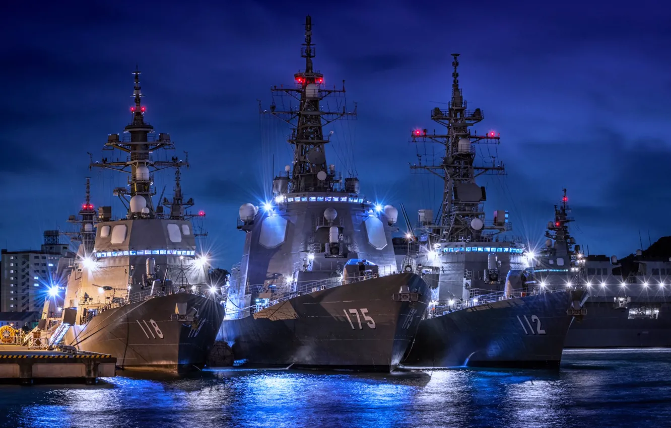 Photo wallpaper night, lights, Japan, pier, destroyers