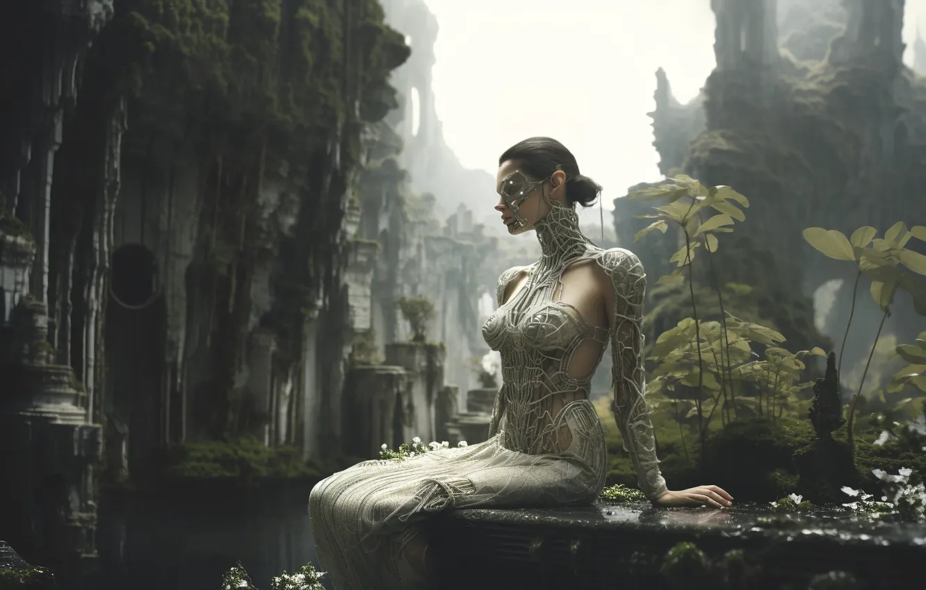 Photo wallpaper chest, girl, nature, pose, fog, stones, rocks, plant