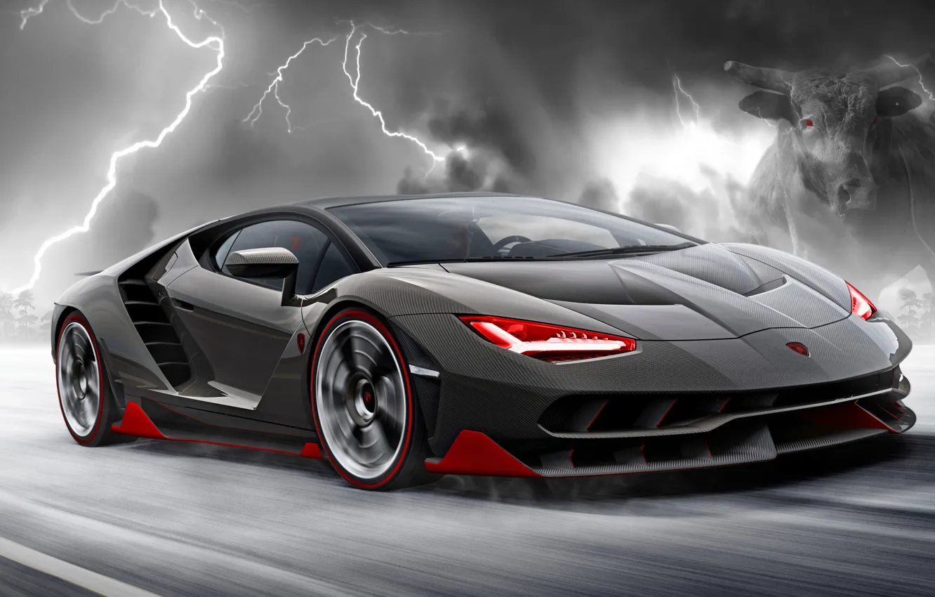 Photo wallpaper clouds, lightning, speed, Lamborghini, power, silhouette, Lightning, power
