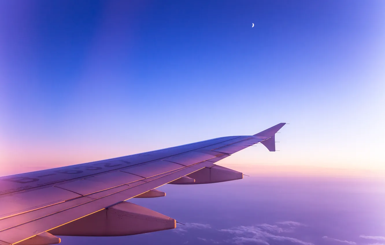 Photo wallpaper the sky, clouds, wings, a month, the plane