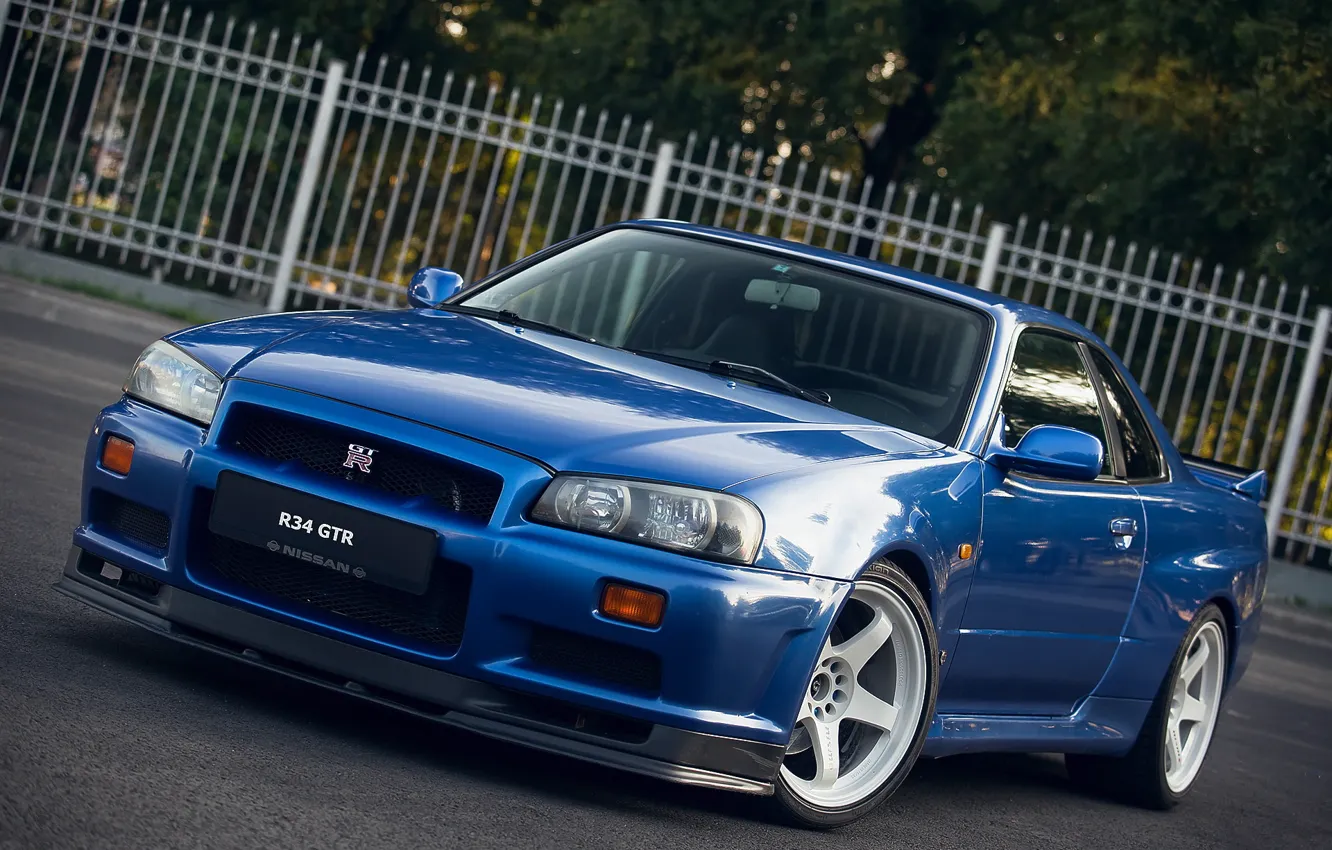 Photo wallpaper GTR, Nissan, white, wheels, Blue, Skyline, R34, V-SPEC