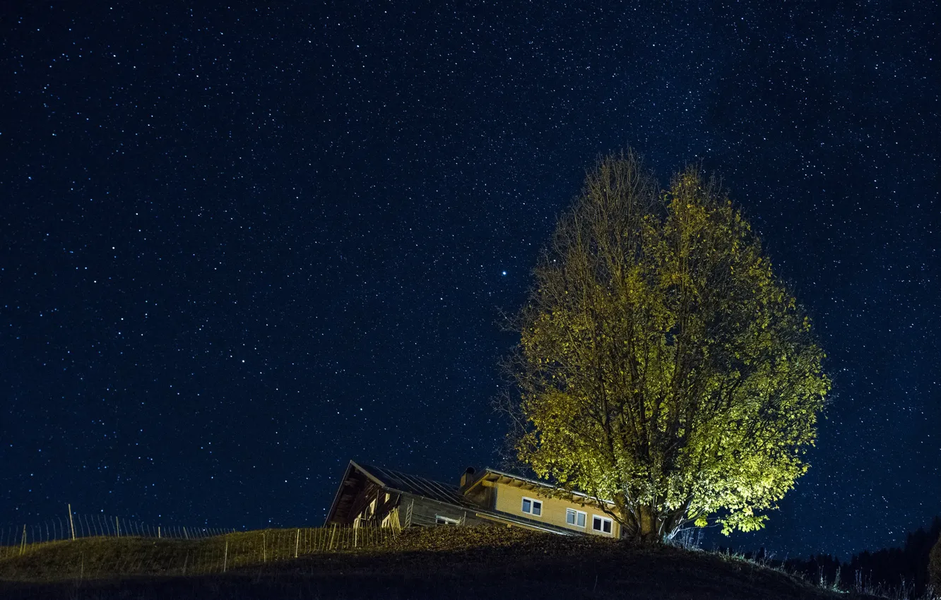 Photo wallpaper stars, night, house, tree