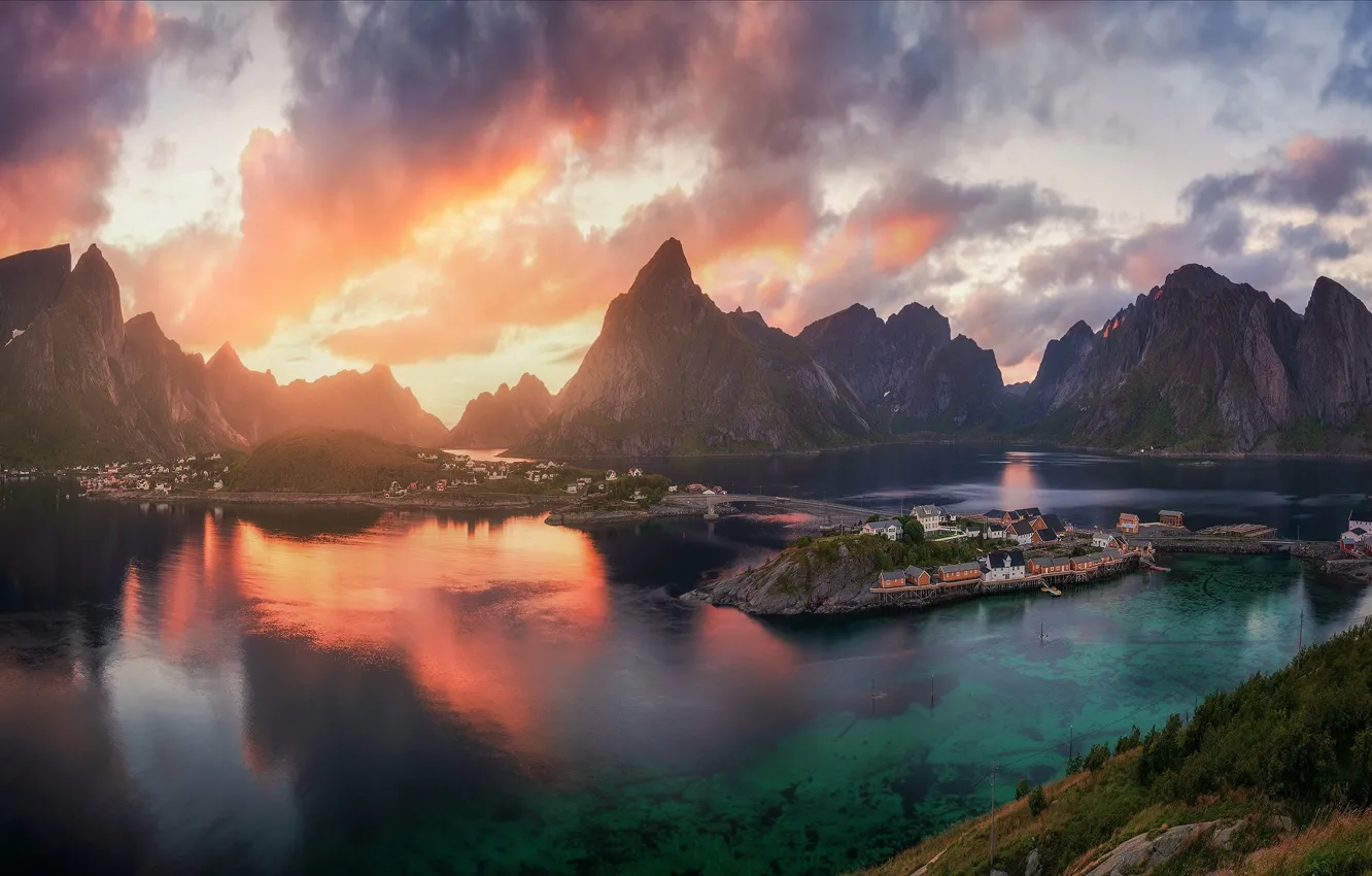 Photo wallpaper light, mountains, Norway, the village, the fjord