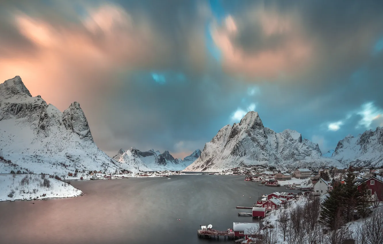 Photo wallpaper winter, snow, mountains, lake, morning, Norway, the village, the fjord