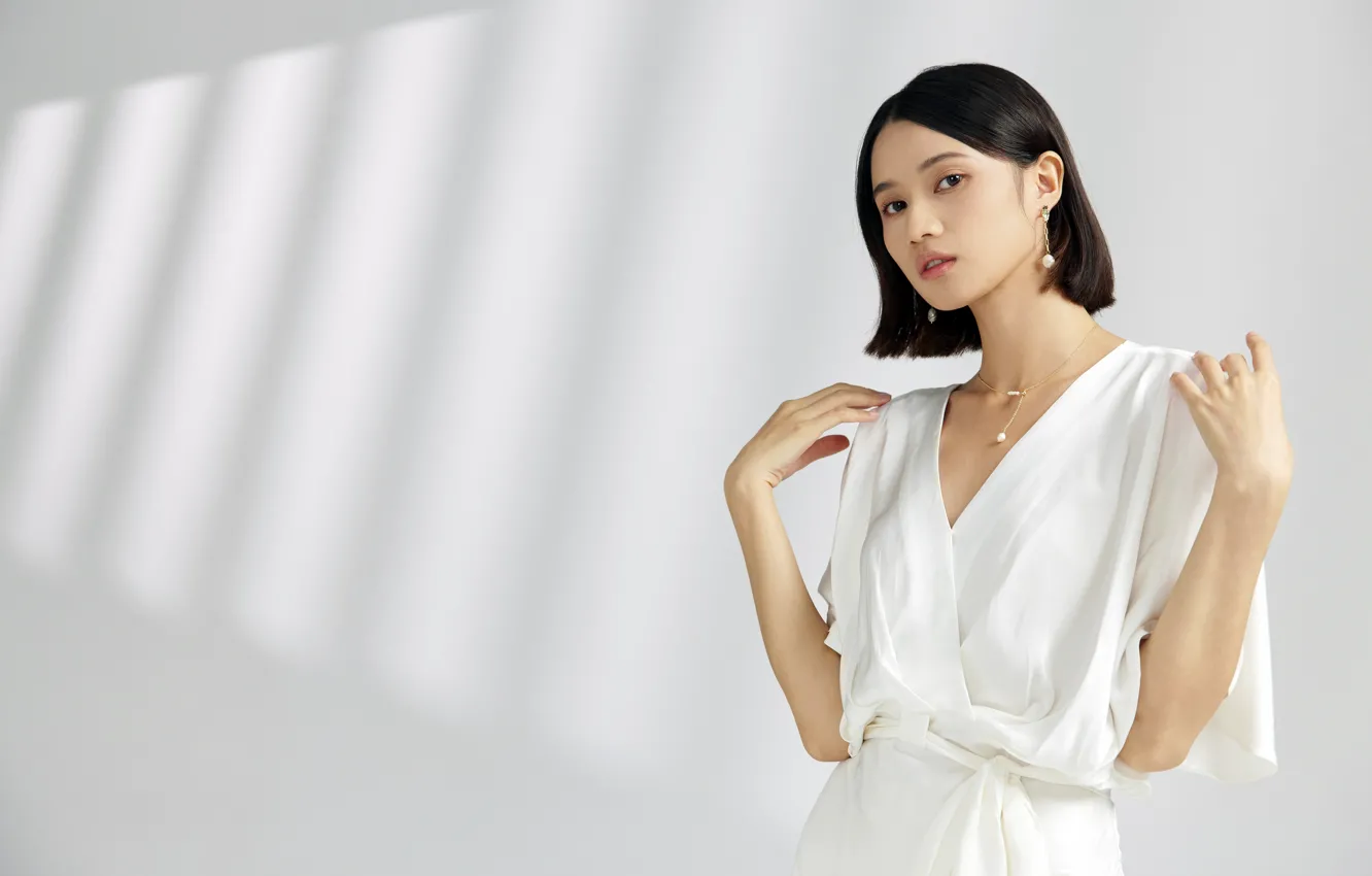 Photo wallpaper look, Asian, light background, white dress, beautiful girl, look, beautiful girl, asian