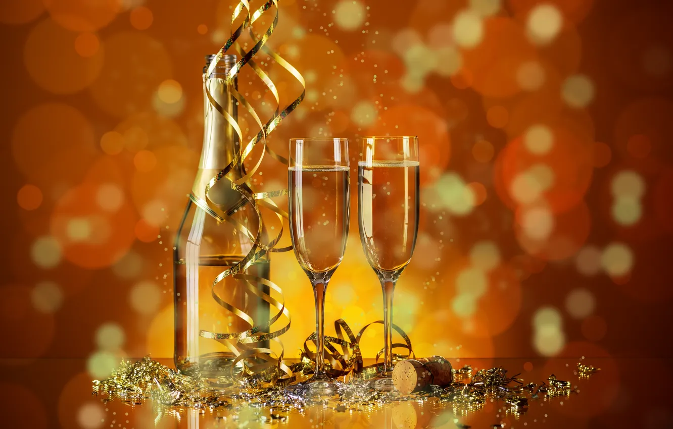 Photo wallpaper holiday, bottle, new year, glasses, tube, champagne, serpentine, bokeh