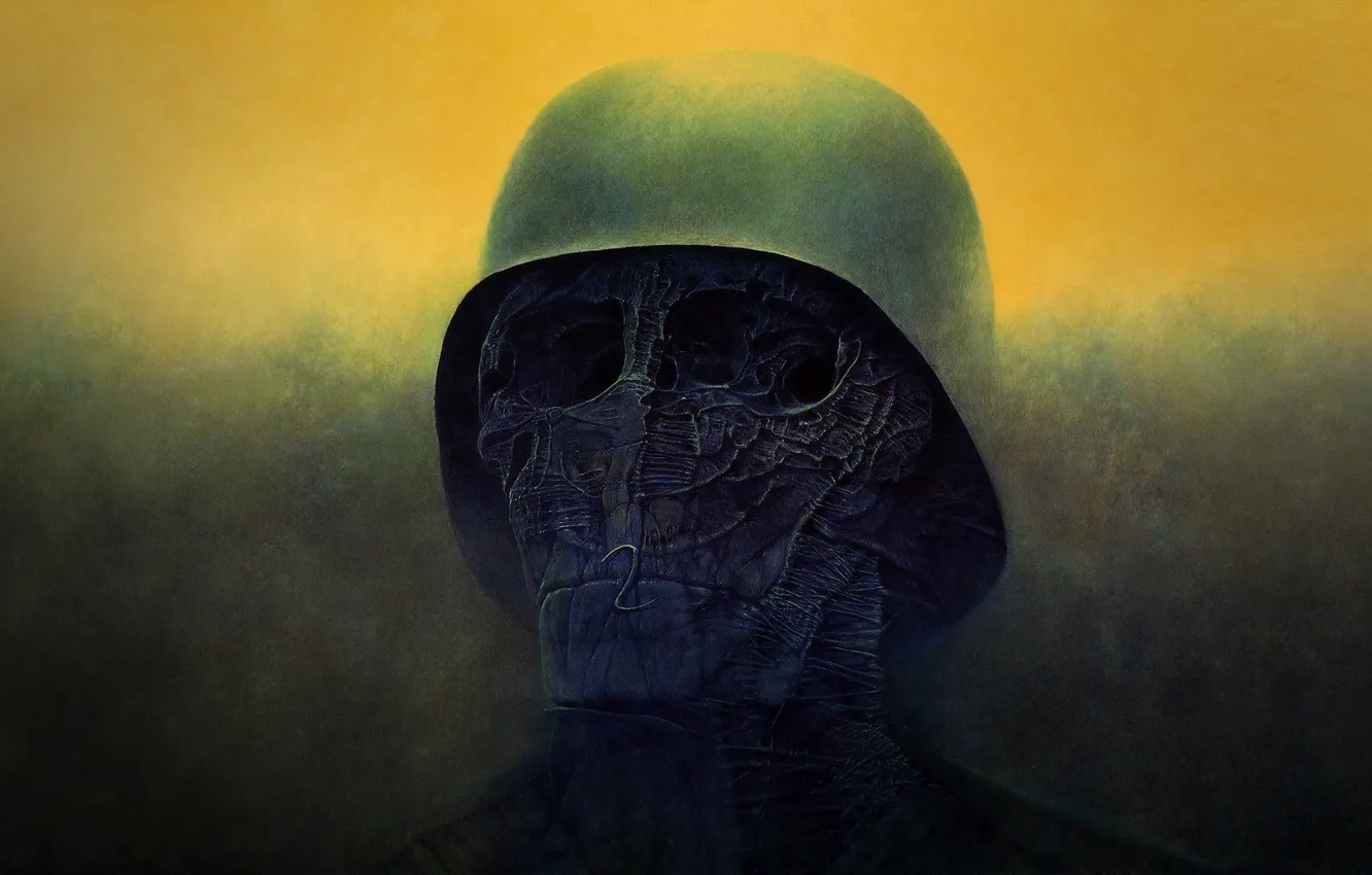 Photo wallpaper death, skull, horror, helmet, art, mutant, orbit, Zdzisław Beksiński