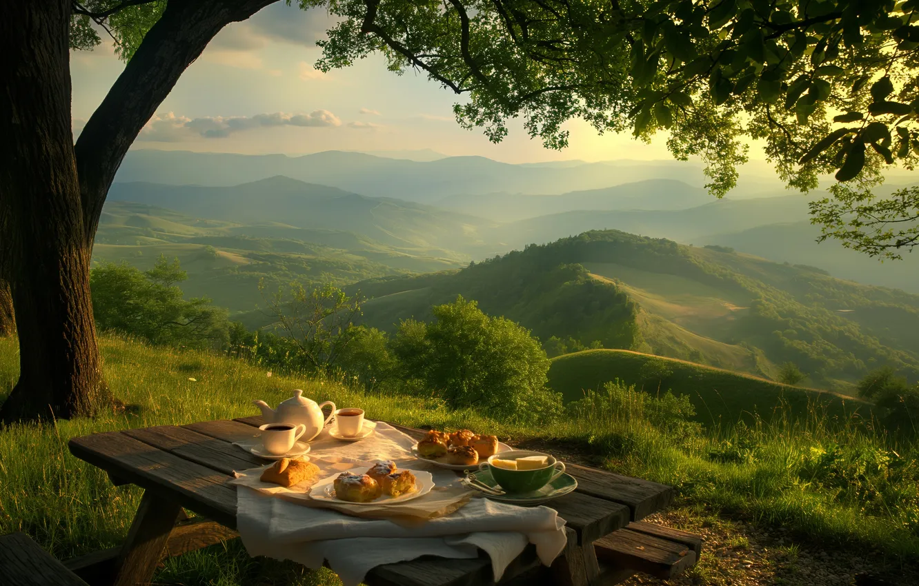 Photo wallpaper mountains, breakfast, table