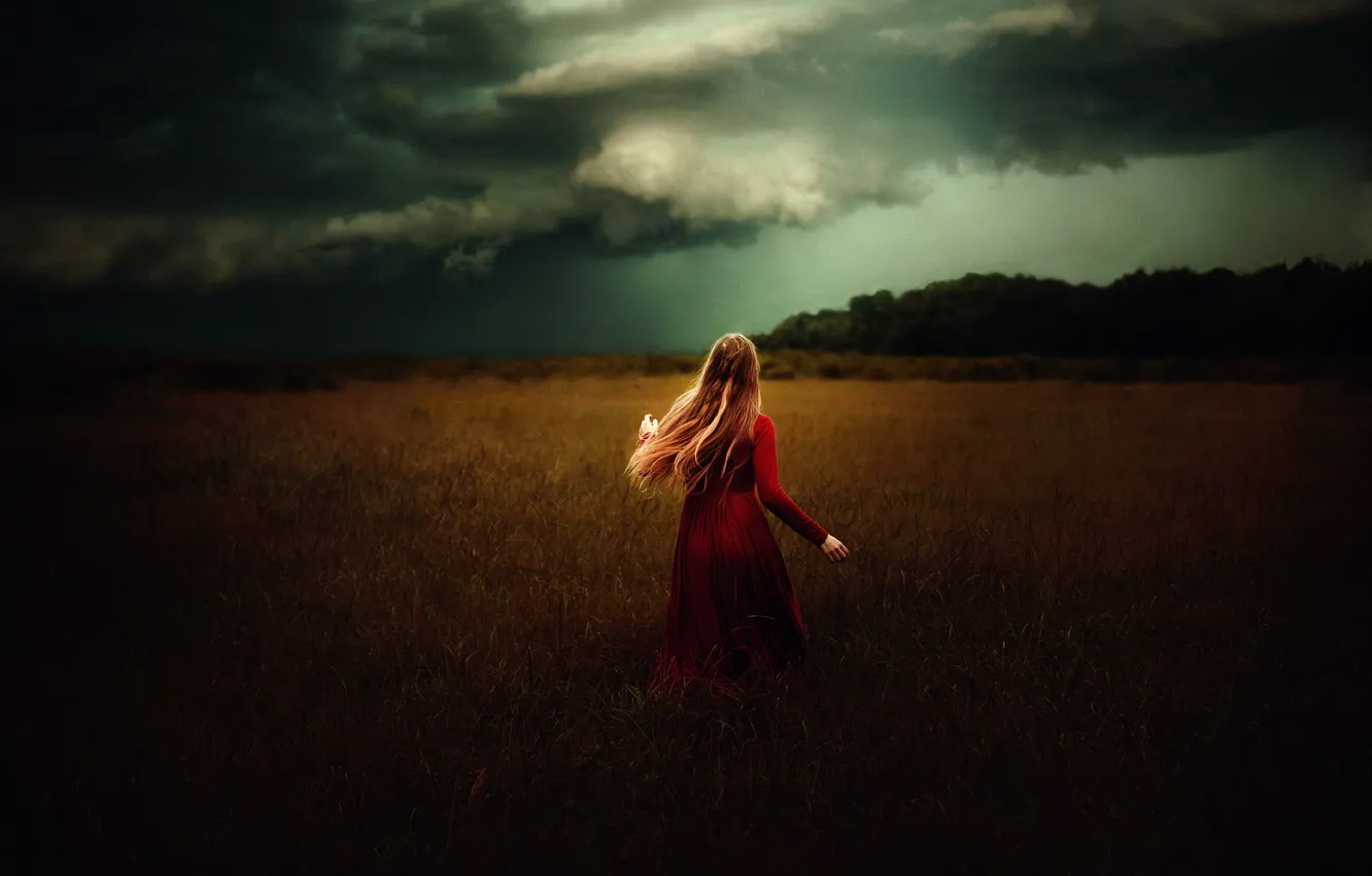 Photo wallpaper field, girl, clouds, in red, TJ Drysdale, The Lady In Red