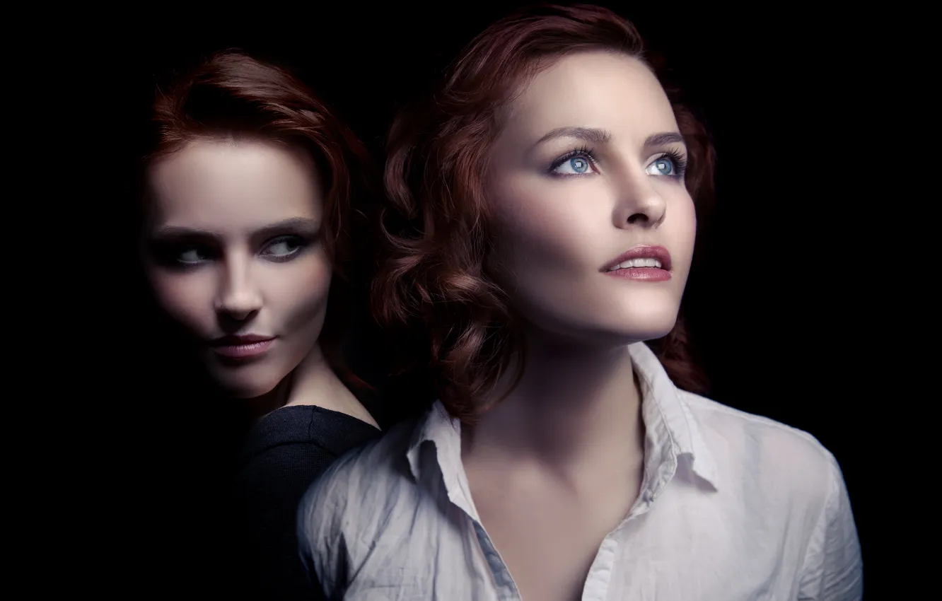 Photo wallpaper dark, light, girl, woman, two, Side, human, portrait