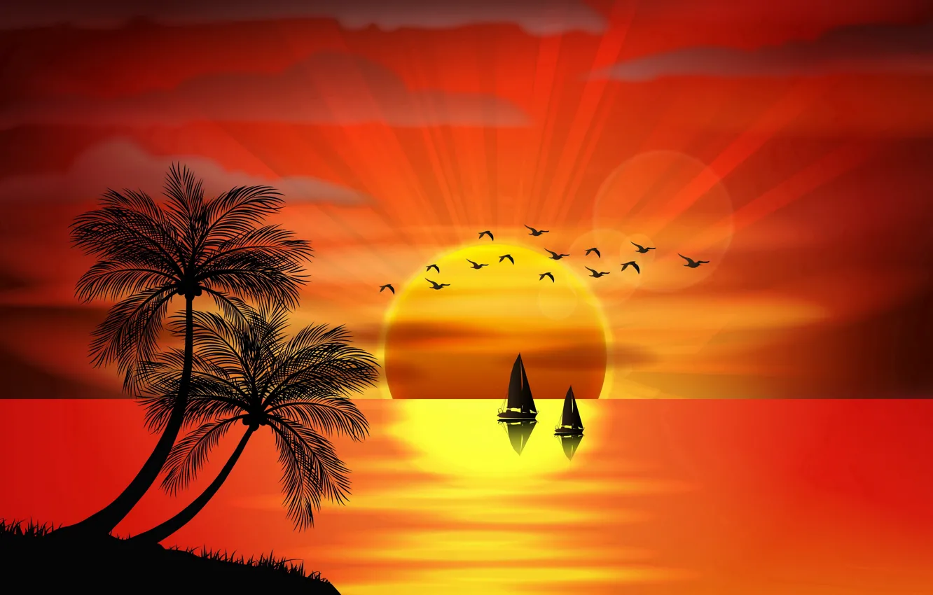 Photo wallpaper sea, sunset, birds, palm trees, vector, island, silhouette, sea