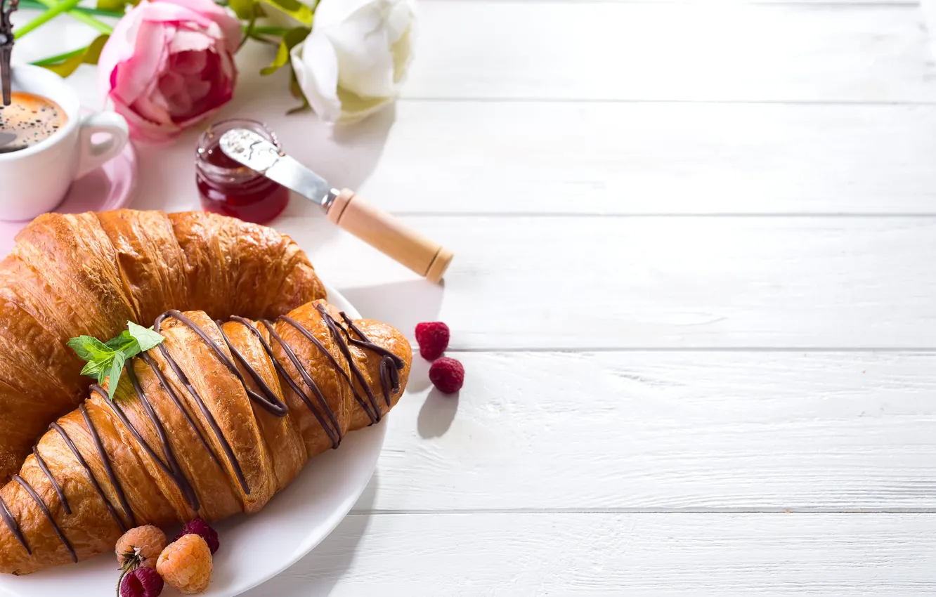 Photo wallpaper croissant, Myfoodie, coffee, berries, Breakfast