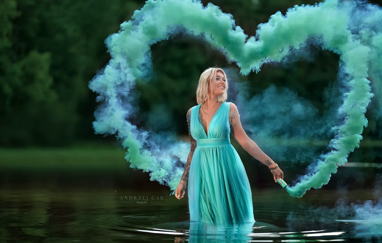 Photo wallpaper girl, love, smile, heart, smoke, beauty, water surface, bokeh