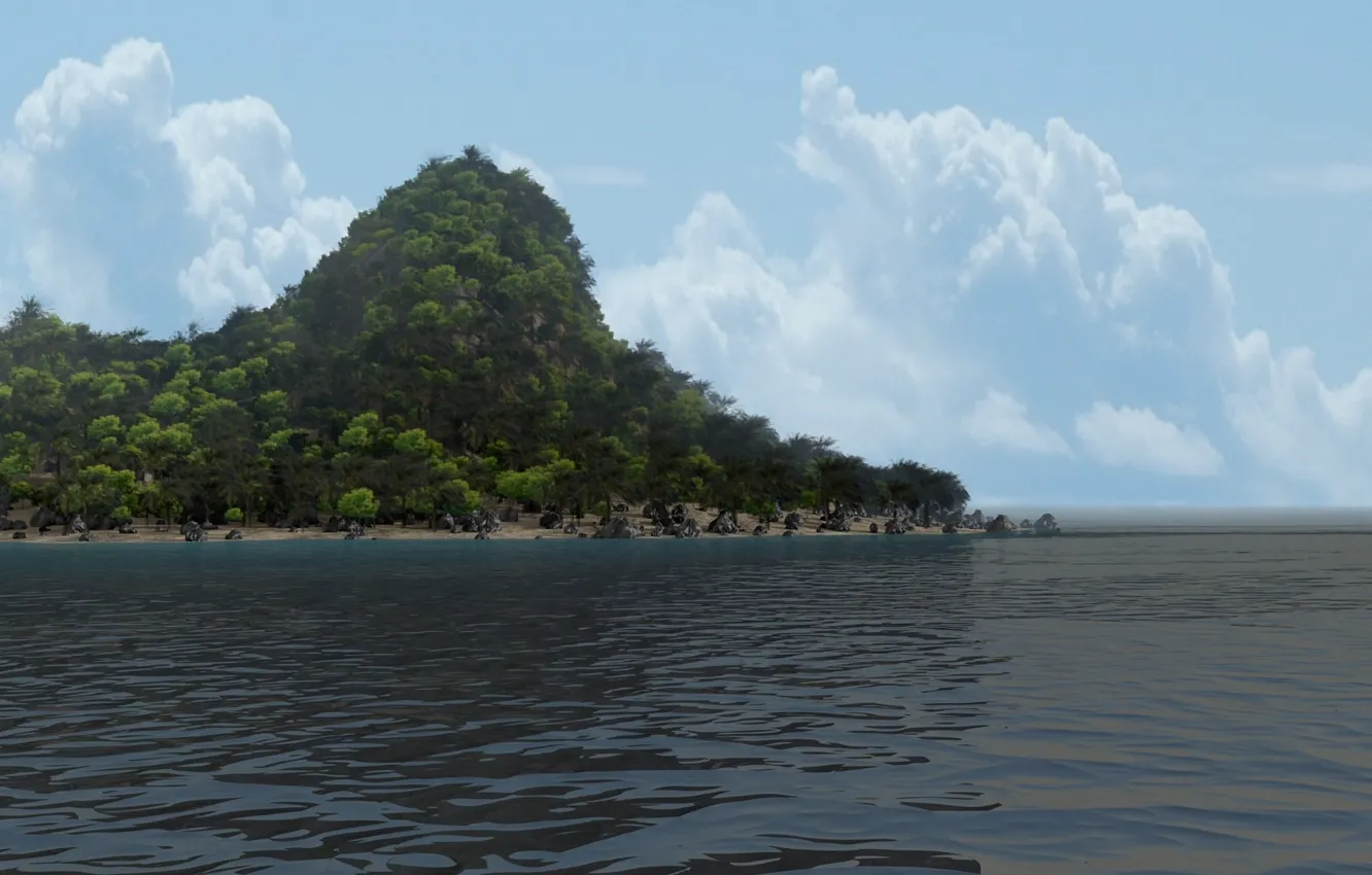 Photo wallpaper sea, clouds, trees, stones, hills, island, art