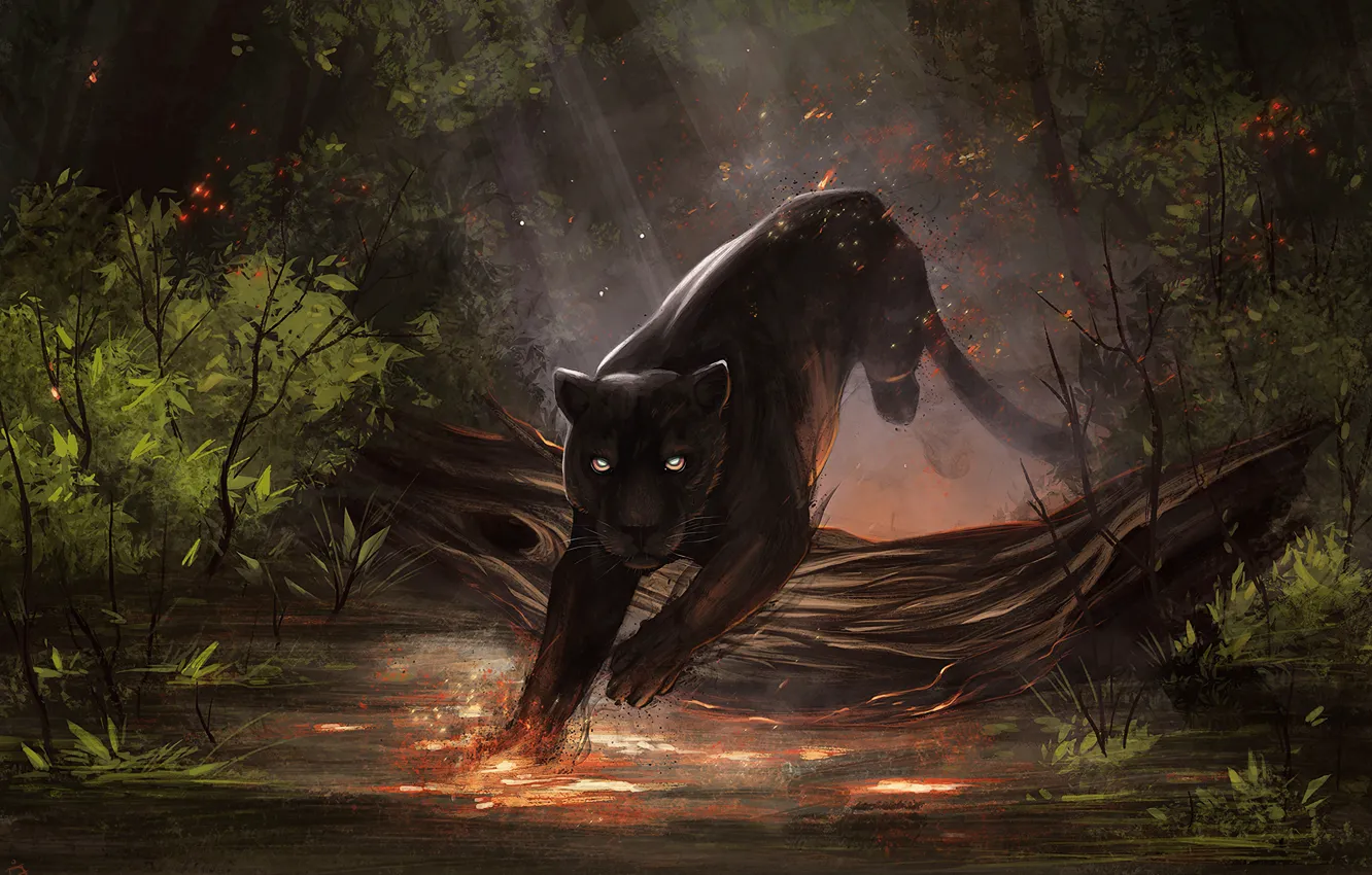 Photo wallpaper jump, predator, Panther, jungle, art, big cat