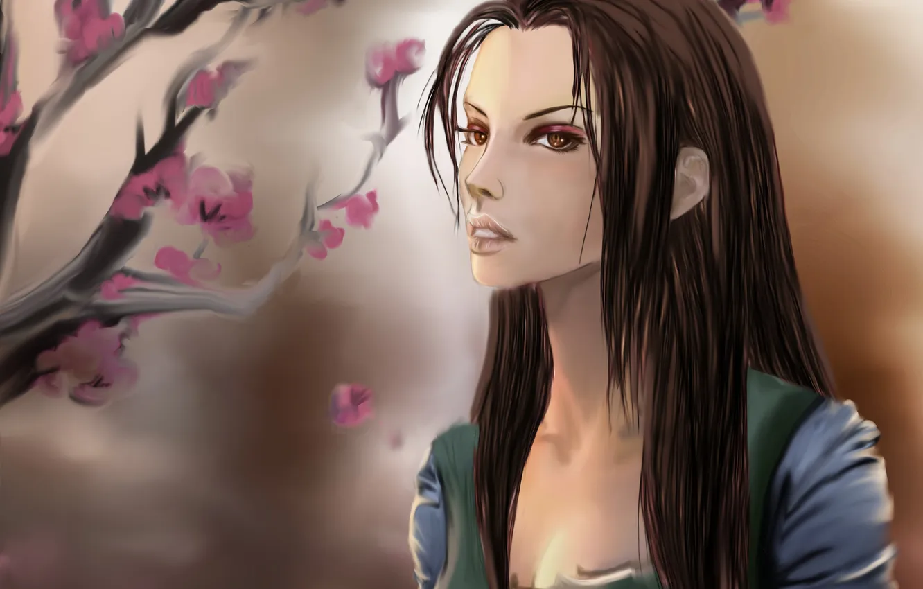 Photo wallpaper girl, trees, flowers, Sakura, art, Nami