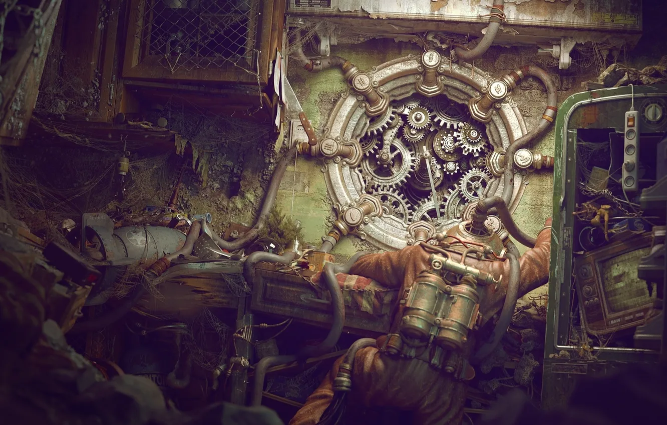 Photo wallpaper wire, back, people, mechanism, diver, the suit, art, pipe