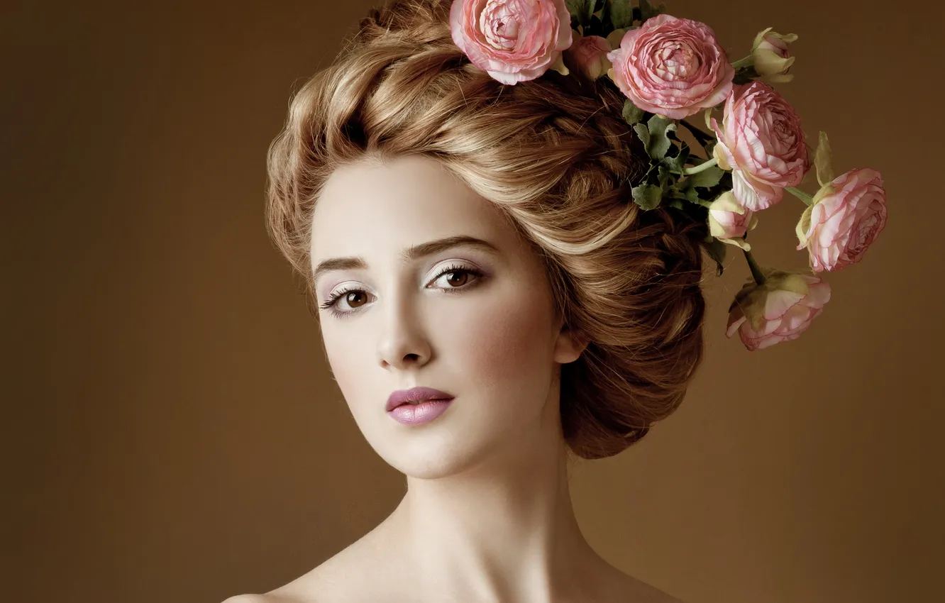 Photo wallpaper eyes, flowers, background, hair, roses, makeup, hairstyle, shoulders