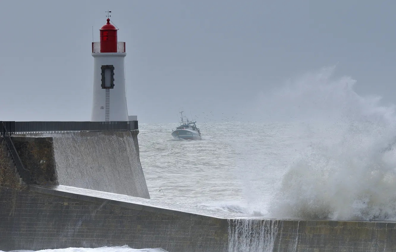 Photo wallpaper sea, lighthouse, ship