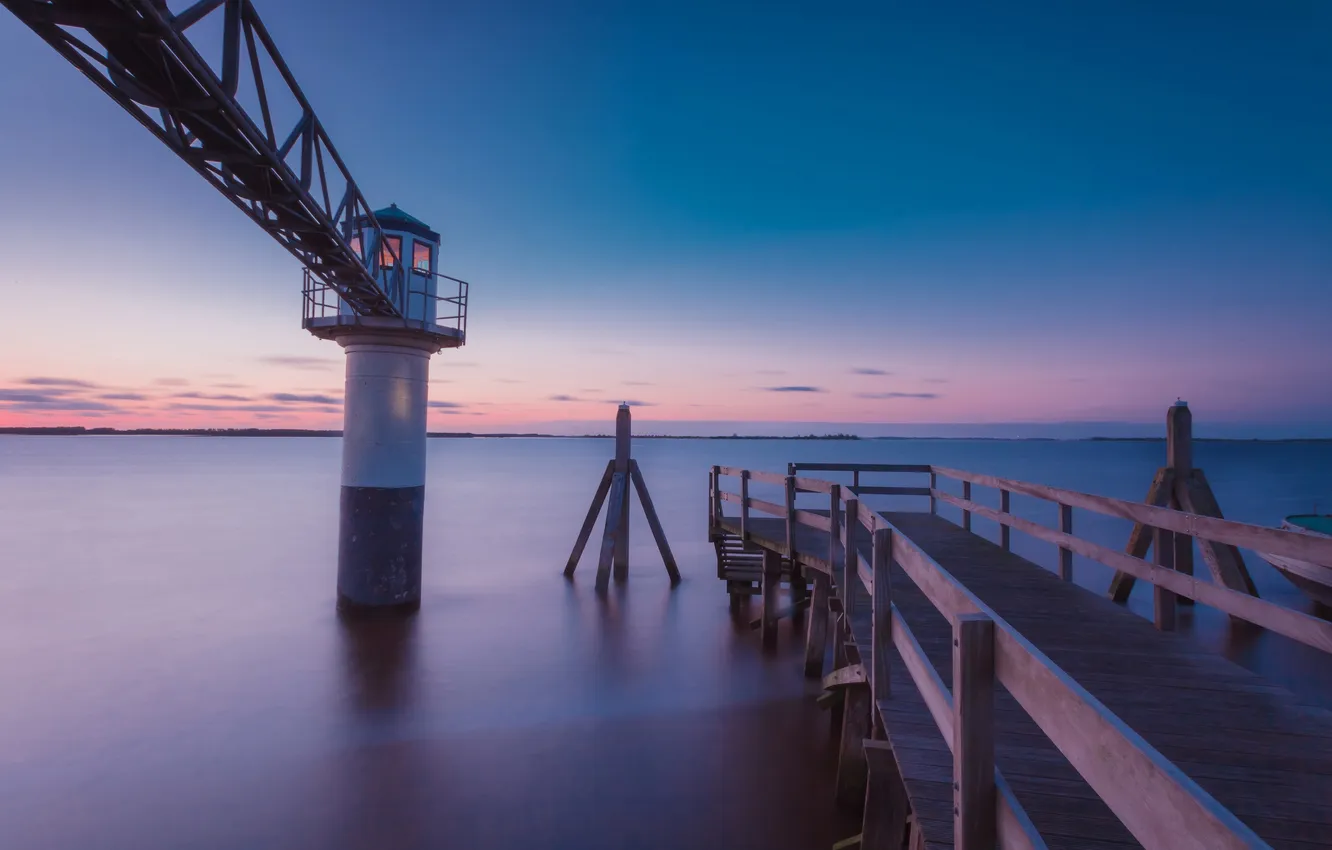 Photo wallpaper sea, the sky, clouds, sunset, pier, pierce