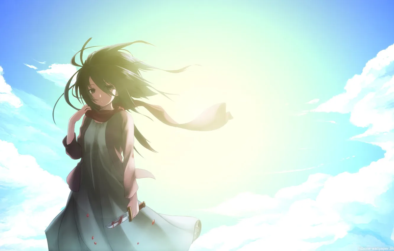 Photo wallpaper the sky, clouds, blood, scarf, knife, Shingeki no Kyojin, Mikasa Ackerman, The Invasion Of The …