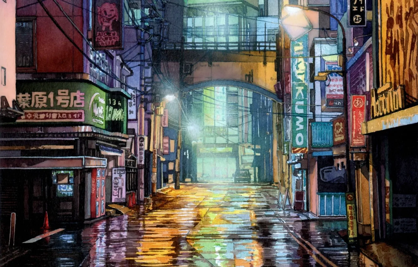 Photo wallpaper wire, Japan, wet asphalt, night city lights, deserted city, light lantern, advertising lights, by Mateusz …