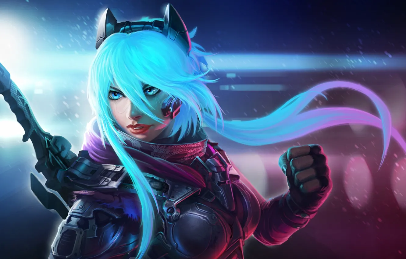 Photo wallpaper girl, glare, armor, ears, blade