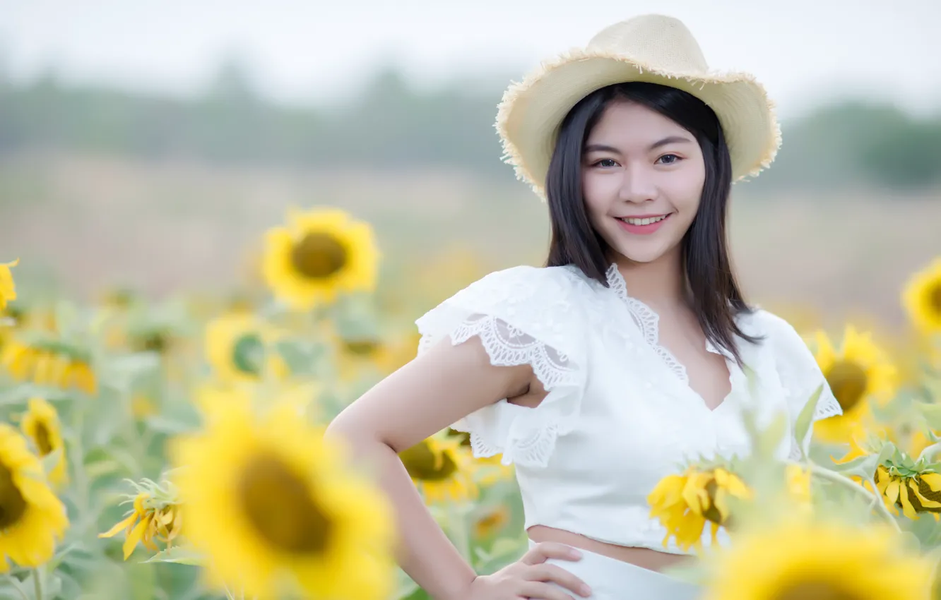 Photo wallpaper summer, girl, sunflowers, hat