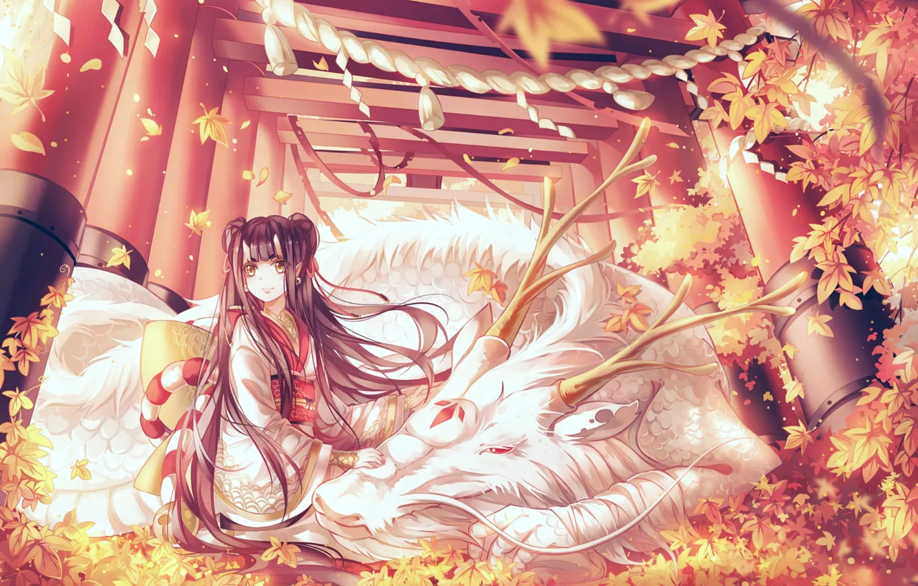 Photo wallpaper autumn, leaves, girl, the wind, dragon, rope, gate, horns
