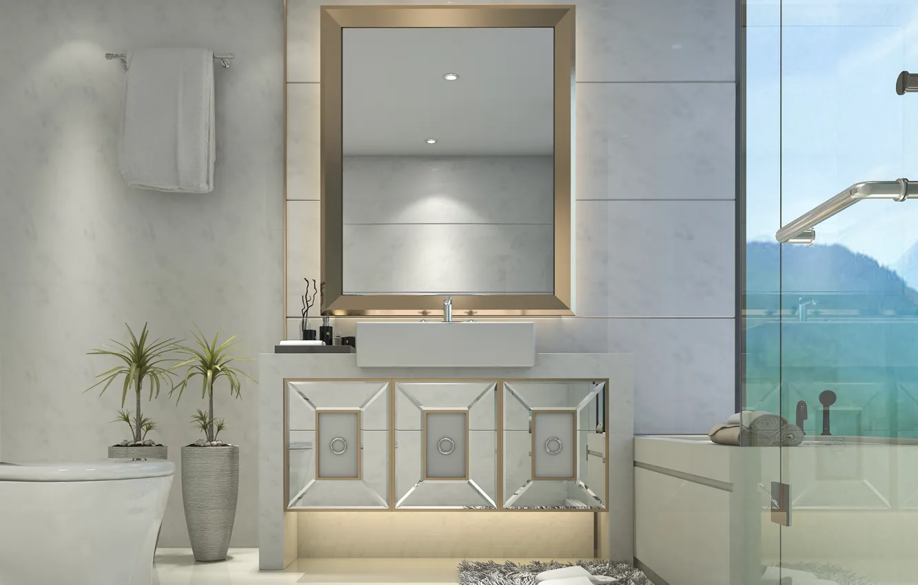 Photo wallpaper flowers, Villa, interior, mirror, modern, pot, decor, bathroom