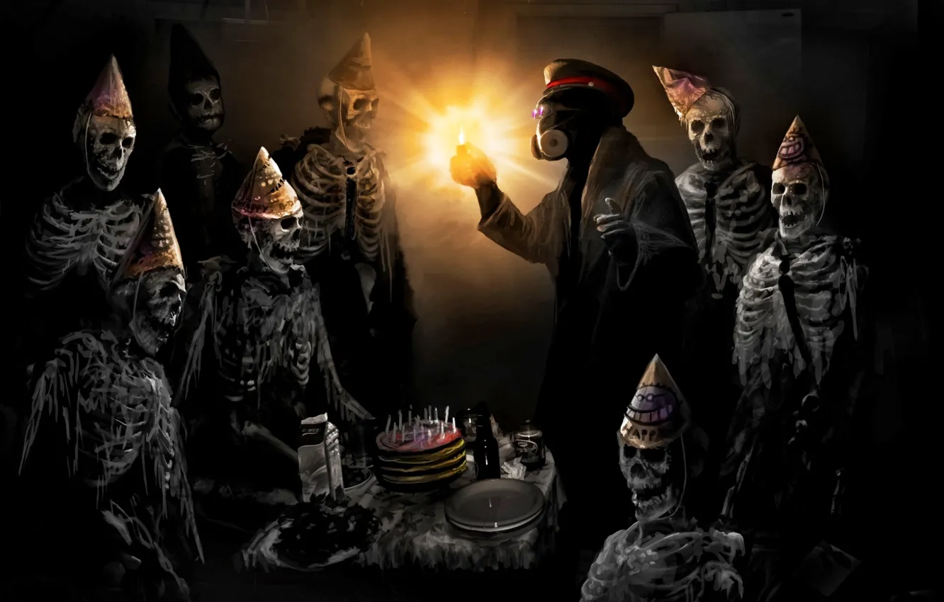 Photo wallpaper birthday, skeleton, cake, captain, feast, Happy Birthday, romance of the Apocalypse, romantically apocalyptic