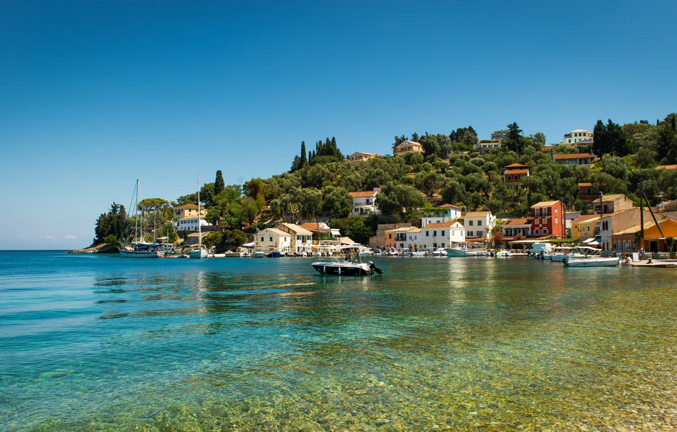 Photo wallpaper sea, coast, Greece, boat, town, Greece, Ionian Islands, The Ionian sea