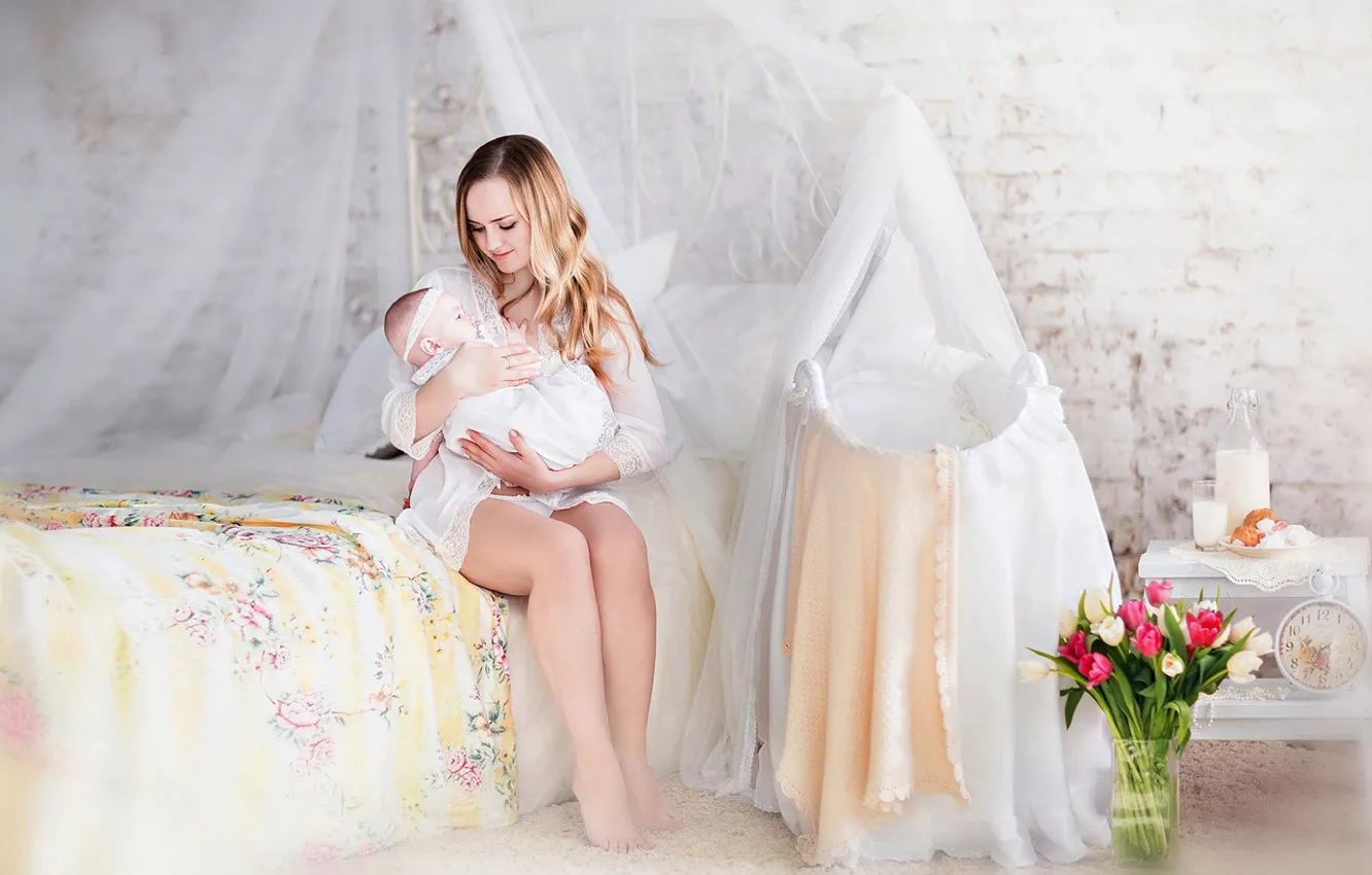 Photo wallpaper love, flowers, children, woman, tulips, mother