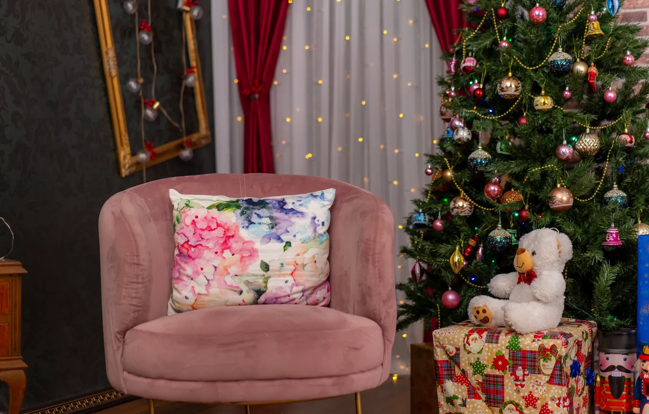 Photo wallpaper room, holiday, toy, new year, chair, pillow, bear, Christmas