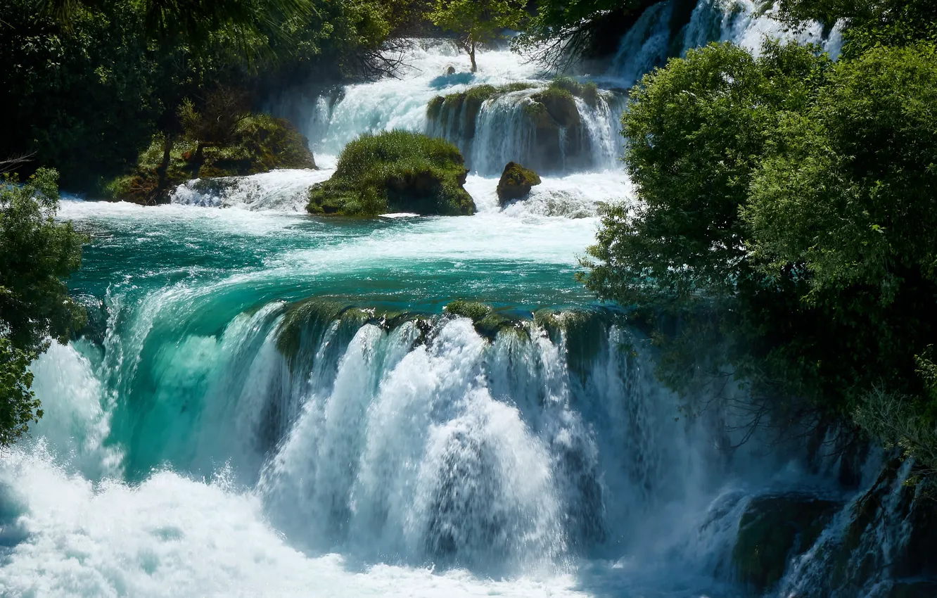Photo wallpaper nature, rocks, shore, waterfall, stream