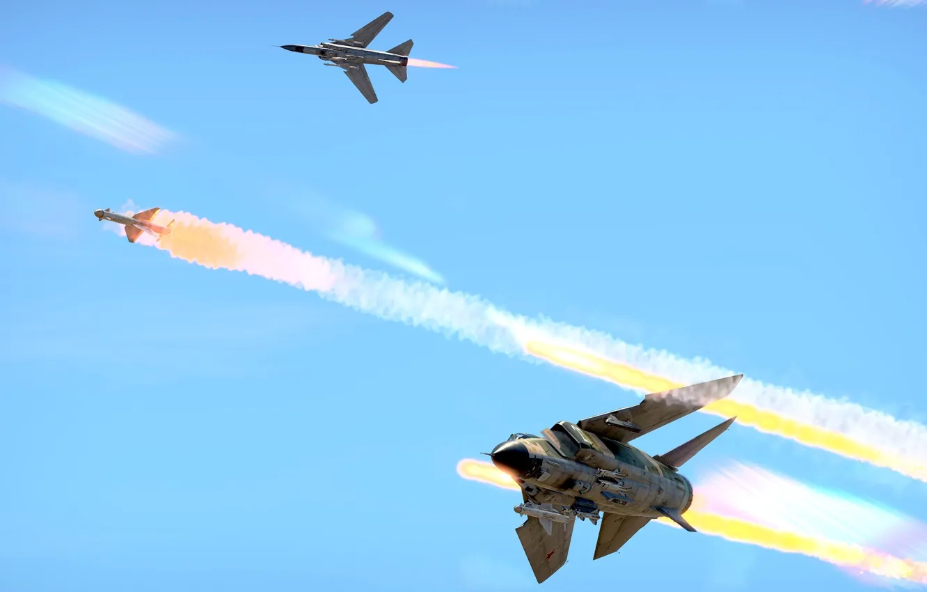 Photo wallpaper USSR, Dogfight, OKB MiG, MiG-23MLD paired with MiG-23ML, Rocket launch