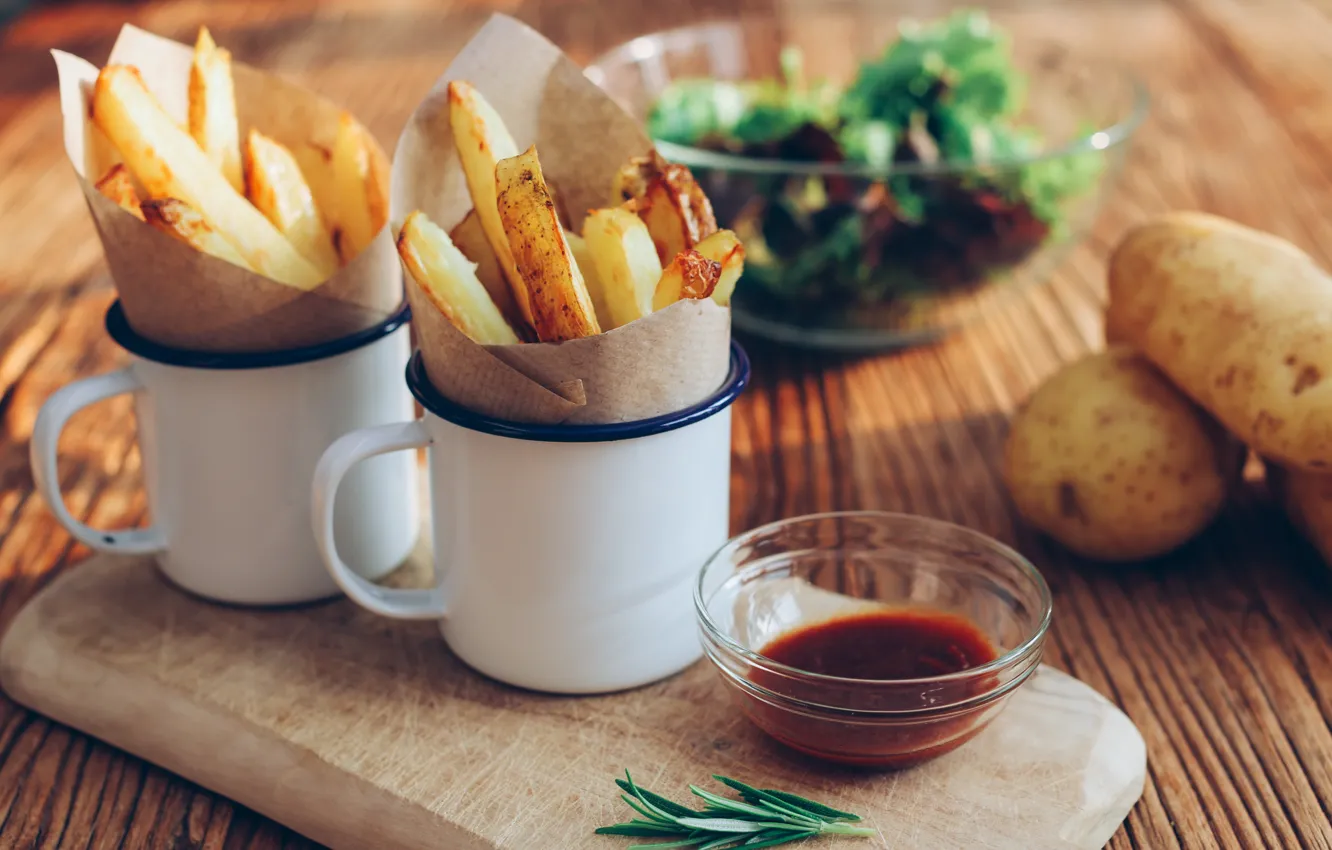 Photo wallpaper sauce, potatoes, rosemary, potatoes, fries