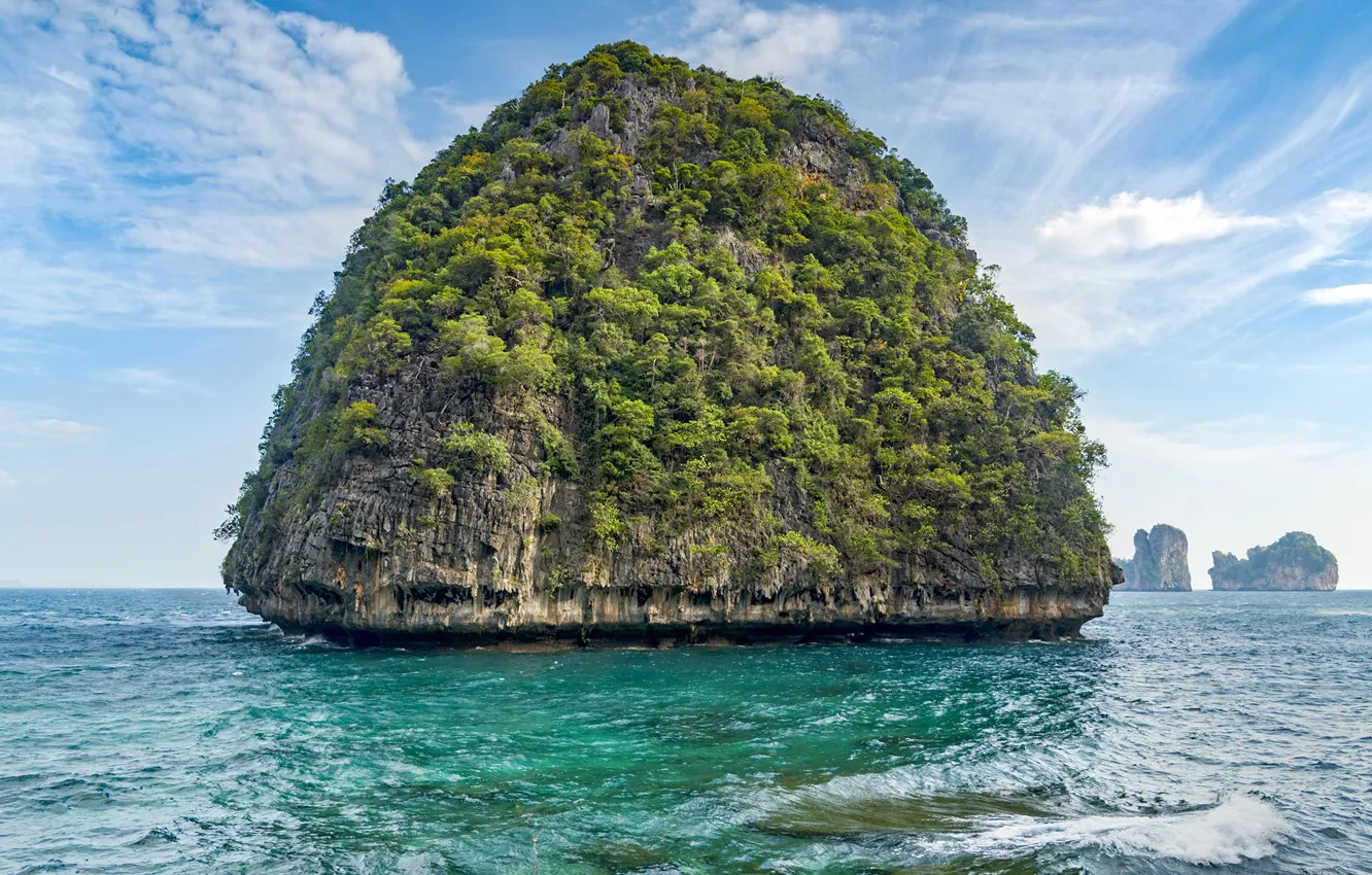 Photo wallpaper sea, the sky, clouds, trees, rocks, horizon, Thailand, Bay