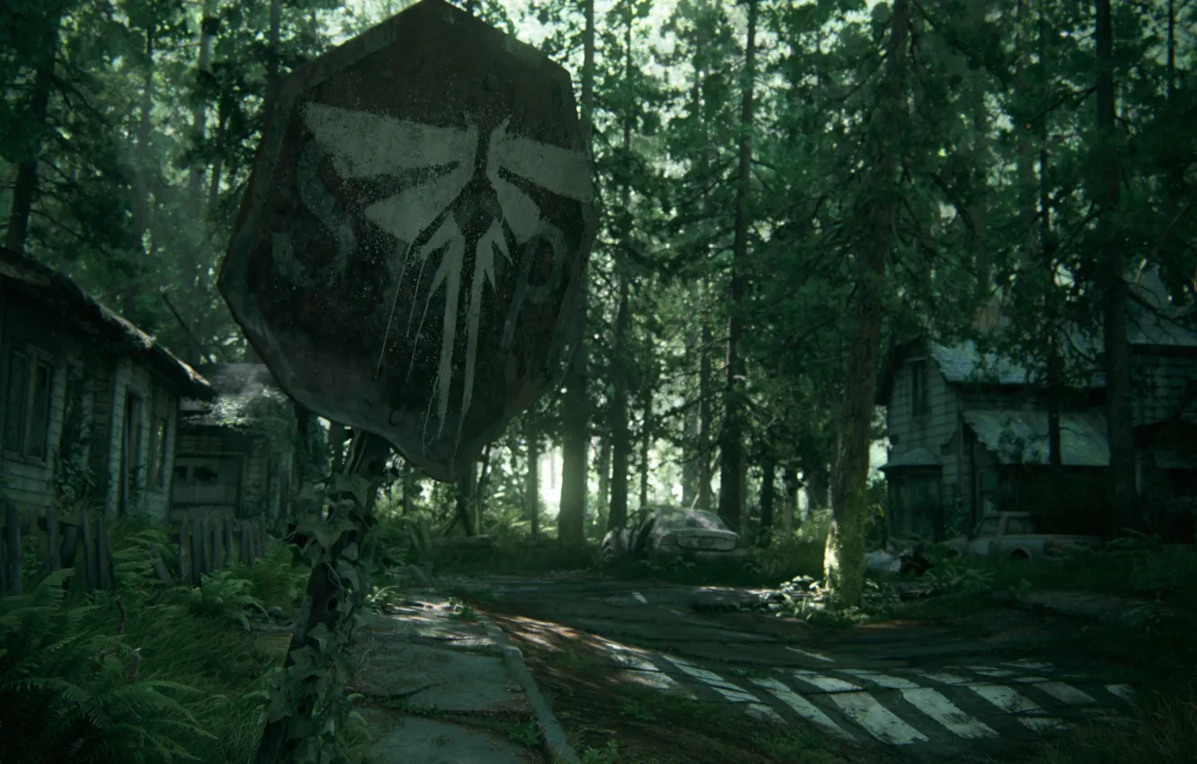 Photo wallpaper forest, trees, house, sign, art, cicadas, Naughty Dog, The Last of Us Part II